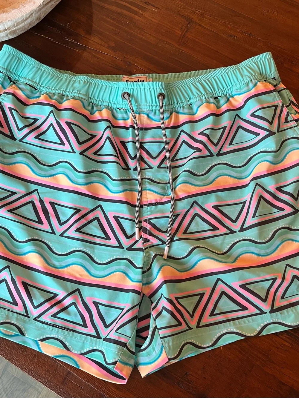 Party Pants Men's Festival Swim Shorts Trunks - Cyan / Neon Geometric - Size XL
